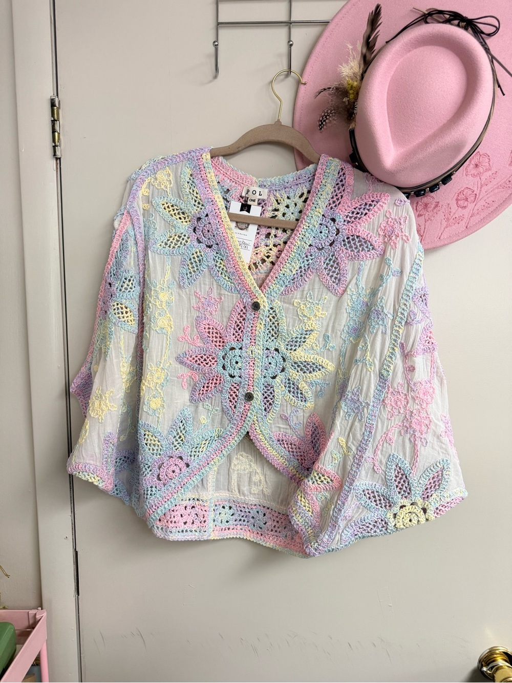 POL Pastel Crochet Floral Button-Front Tunic in White and Pastels